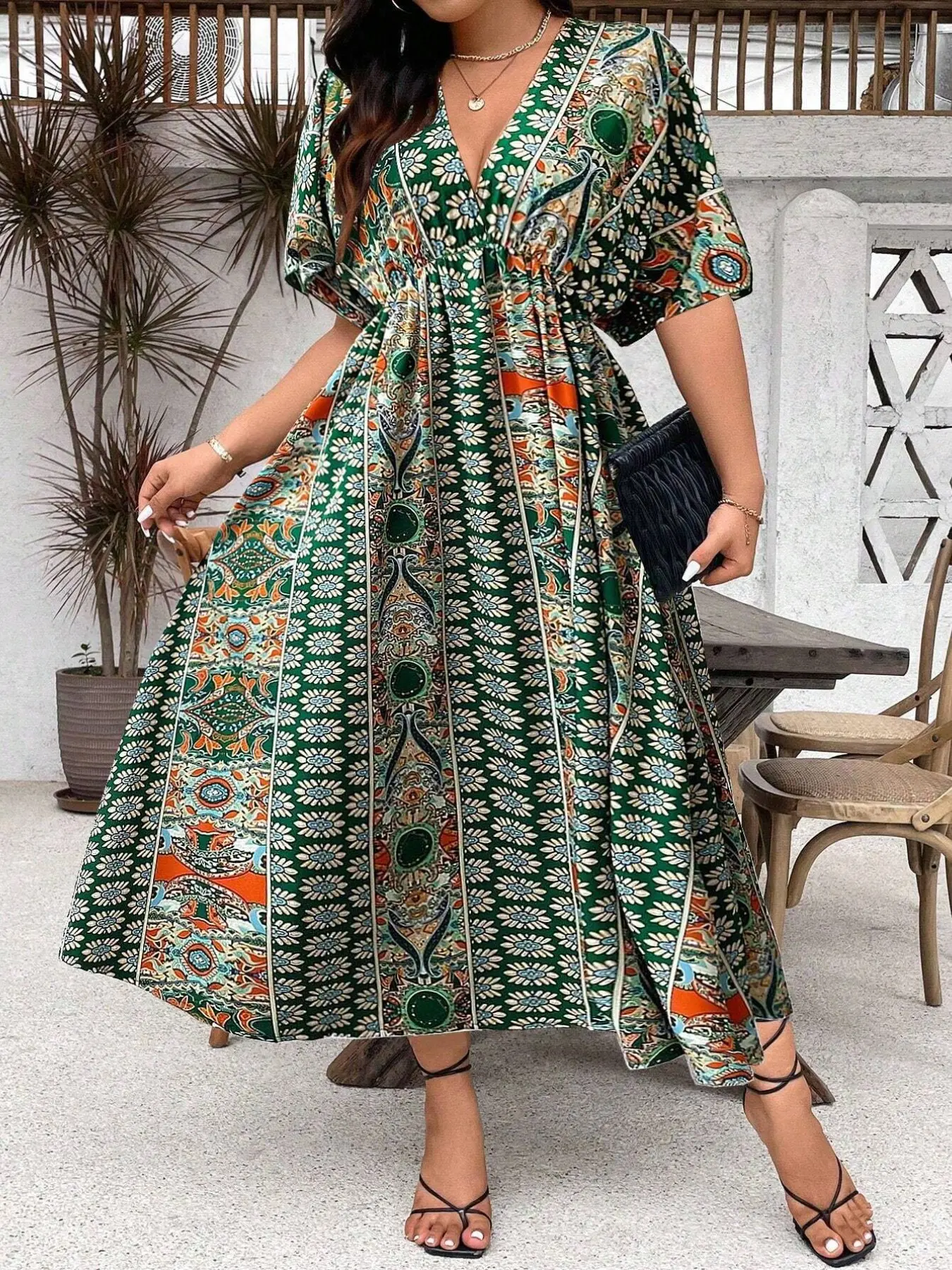 Plus Size Boho Print V Neck Long Dress for Women, Stylish and Comfortable Evening Wear, Perfect for Special Occasions