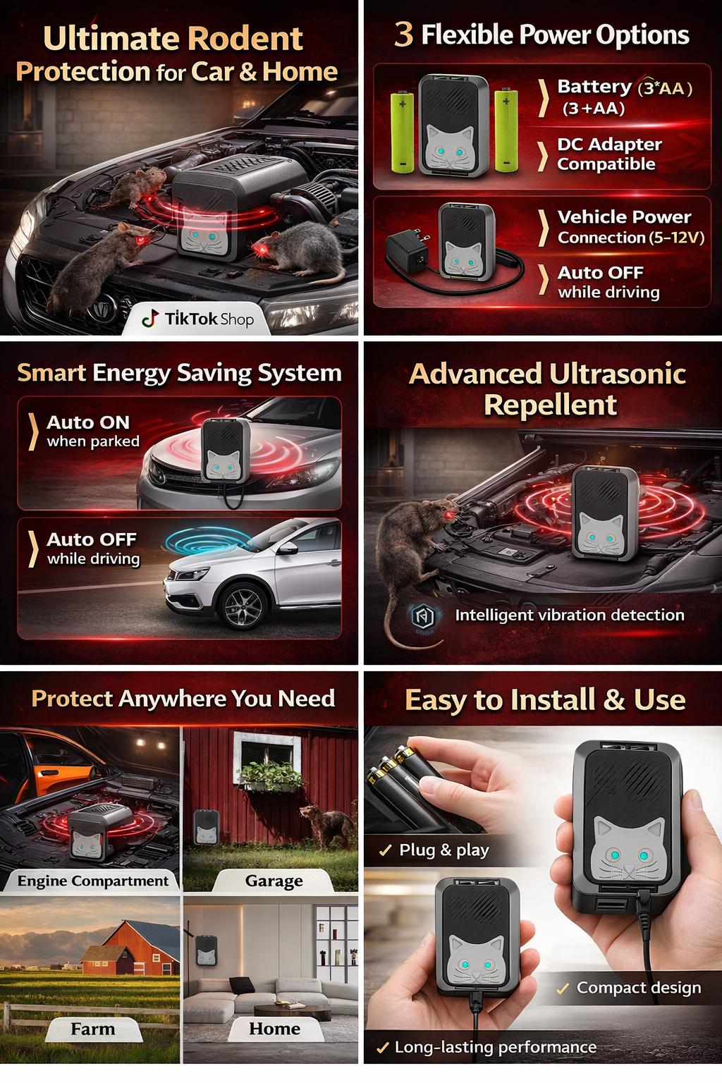 Ultrasonic Rodent Repellent for Car Engine, 3 Power Modes, Intelligent Auto On/Off, Mouse Deterrent for Vehicles, Garage, Farm & Home