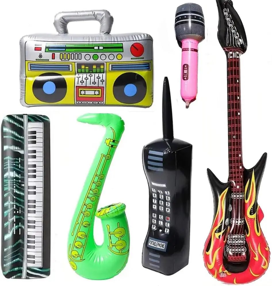 Inflatable Rock Star Party Accessories Set - Guitars, Saxophone, Bass, Lute, Microphones, Mobile Phone Recorder, Piano for 70s, 80s, 90s Festive Decor & Photo Props