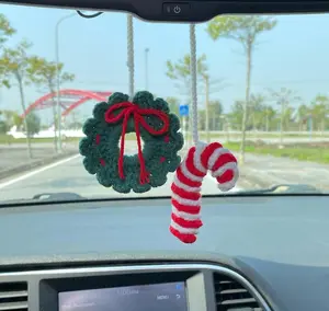 Handmade Crochet Christmas Car Ornament – Wreath & Candy Cane Hanging Decor , Handmade Wreath + Candy Cane Gift Idea