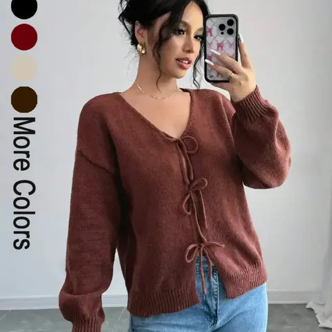 Women's Loose-Fit Oversized Shoulder Strap Sweater Cardigan Tops, Solid Butterfly Knot Design, Casual Long Sleeve V Neck Knitwear for Spring & Fall, Womenswear