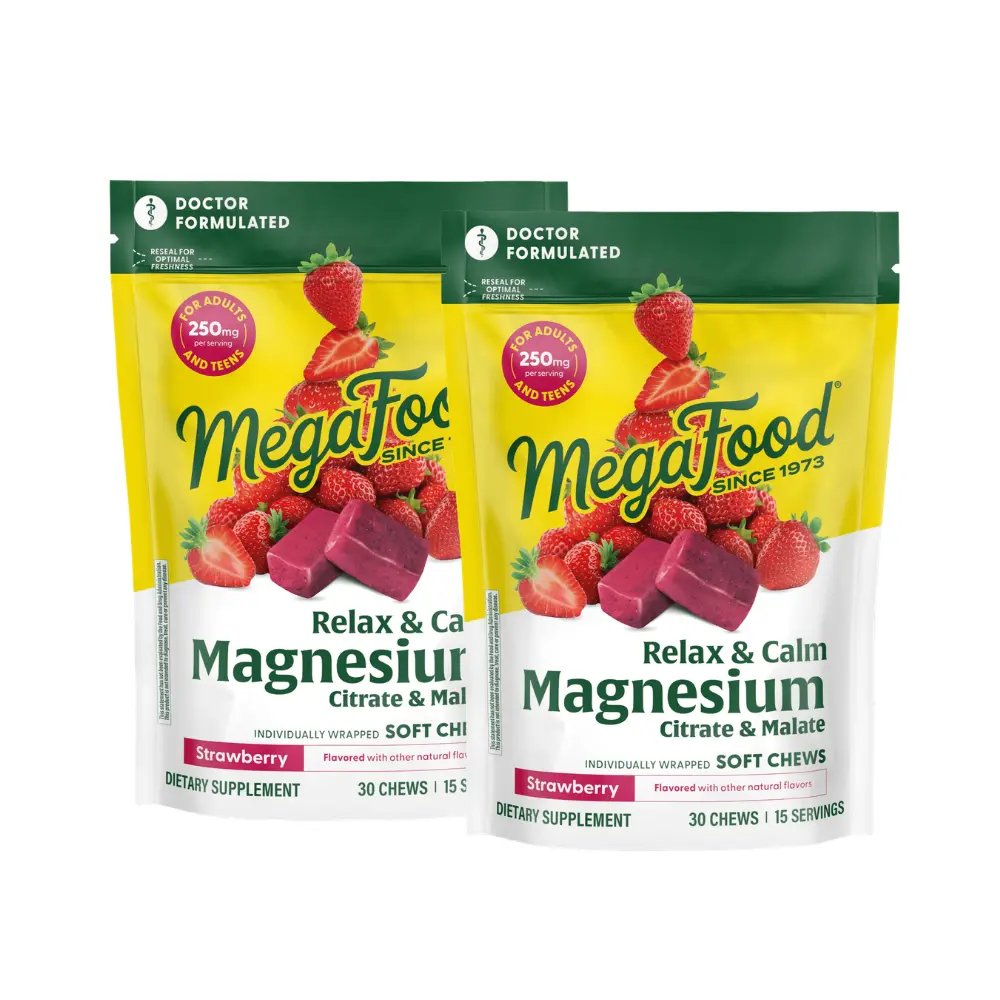 MegaFood Magnesium Soft Chews – Strawberry Flavor. Helps relax the body & promote a sense of calm. 30 Individually Wrapped Chews