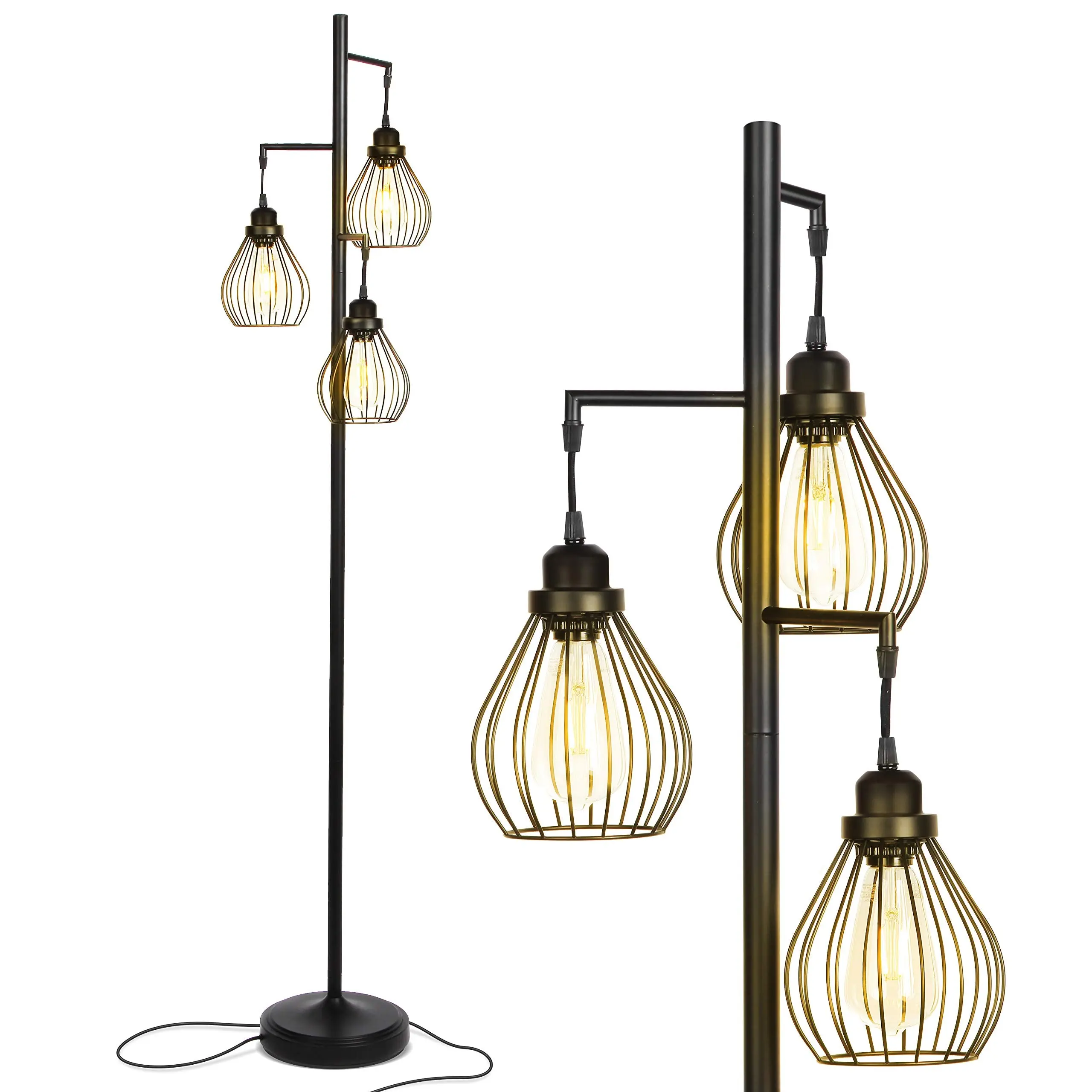 Brightech Teardrop Metal Frame Modern Floor Lamp - Standing Lamp with 3 Elegant Cage Heads, Edison LED Bulbs - Industrial,Farmhouse Decorative Mood Lighting for Living Rooms,Vintage Pole Light