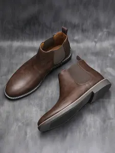 PU Leather Chelsea Boots, Vintage Simple Style, Stitched Elastic Fabric, Thick Rubber Sole Support, Natural Texture, Urban Youth Casual Walking Shoes