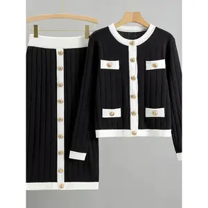 Women's Knit Cardigan & Skirt Set - Chic Black and White Color Block, Long Sleeve, Button-Up Outerwear with Pleated Detail, Womenswear Gamis