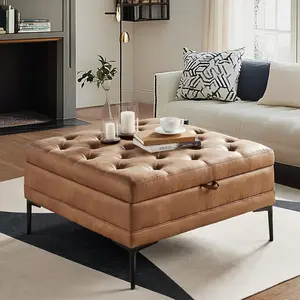 Faux Leather Coffee Table, 36.5" Square Storage Ottoman with Metal Legs, Button-Tufted Coffee Table with Storage for Living Room, Camel