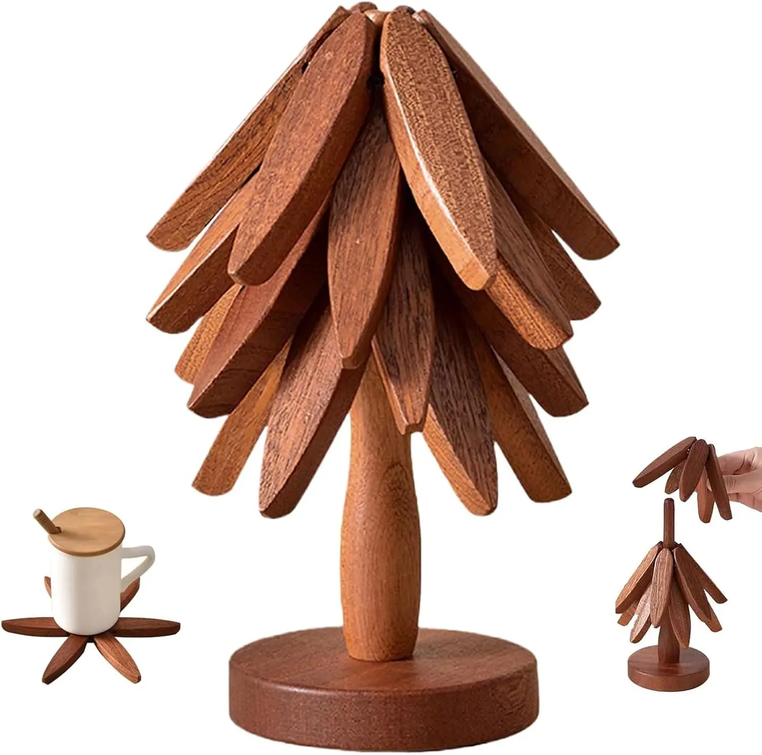 Wooden Tree Shaped Coaster Set with 3 Heat Resistant Coasters & 1 Holder for Teapots Hot Pots Kitchen Food Accessories Home Decor Christmas Gift Ideas