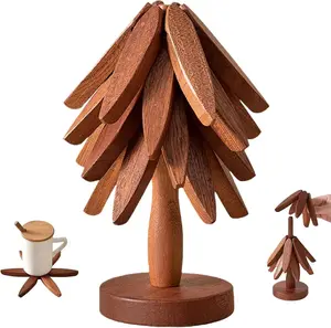 Wooden Tree Shaped Coaster Set with 3 Heat Resistant Coasters & 1 Holder for Teapots Hot Pots Kitchen Food Accessories Home Decor Christmas Gift Ideas