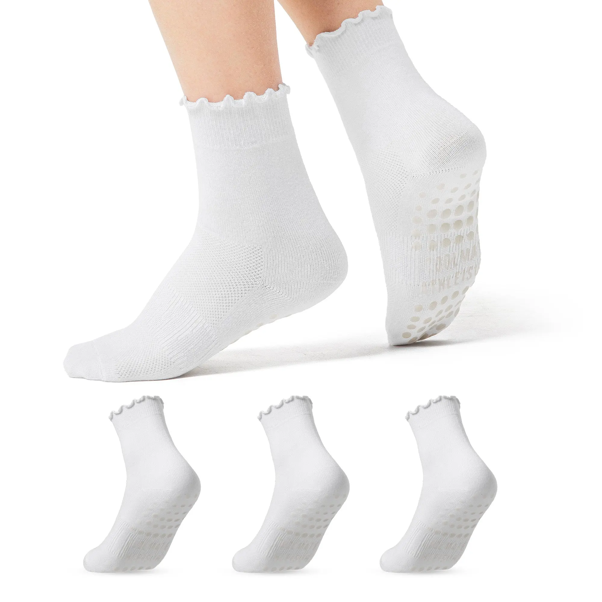 CoolMate Pilates Socks with Grips for Women, Yoga Socks, Crew Non Slip Women for Barre, Pilates Gifts (US, Numeric, 6, 10, Regular, Regular, A-06c. 3 Pairs Ruffle White)