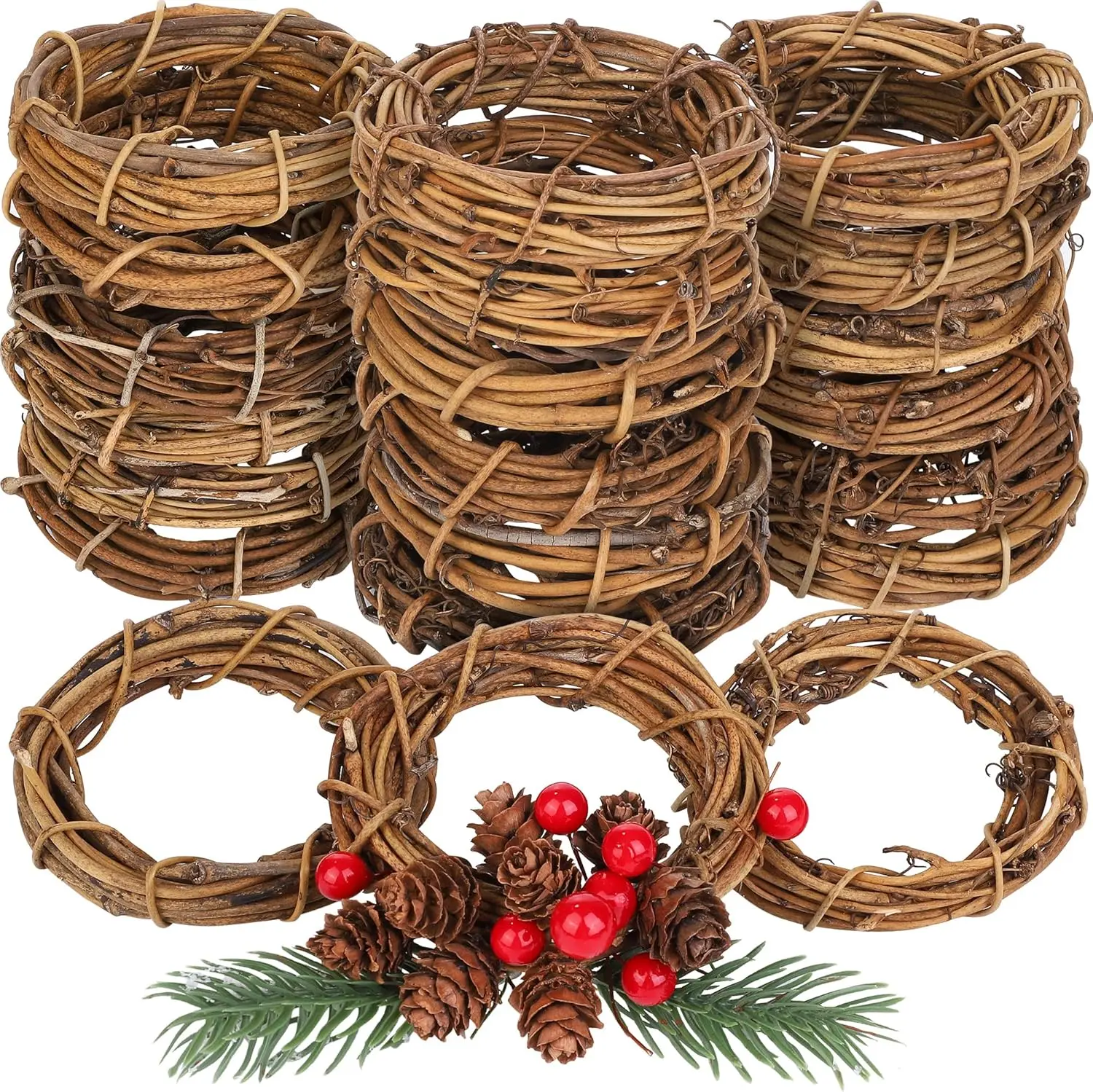 Ruisita 24 Pieces 4 Inch Grapevine Wreaths Vine Branch Wreath Natural Christmas Rattan Wreath Garland Decoration for Christmas Holiday Craft or Wedding Supplies