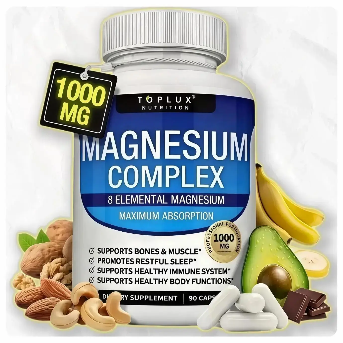 Toplux Nutrition Magnesium Complex 1000mg, 90 Capsules | 7 Chelated Magnesium Sources, Supports Bone, Muscle, Sleep, Immune & Energy for Men & Women