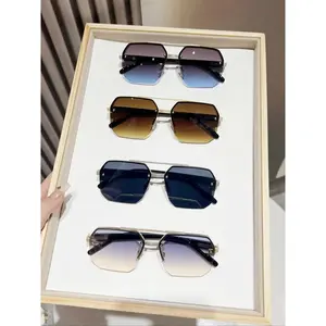 4 Pack Men's Trendy Geometric Frame Rimless Sunglasses, Casual Everyday Fashion Glasses, Stylish Outdoor Activities Fashion Accessories Set