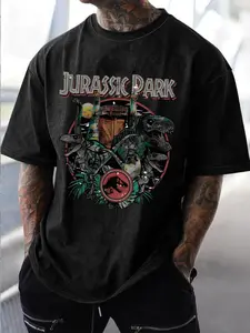 Men's Regular Fit Jurassic Park Casual Graphic Design Round Neck Tee, Streetwear Short Sleeve T-shirt for Summer, Men's Top for Daily Wear, Tropical