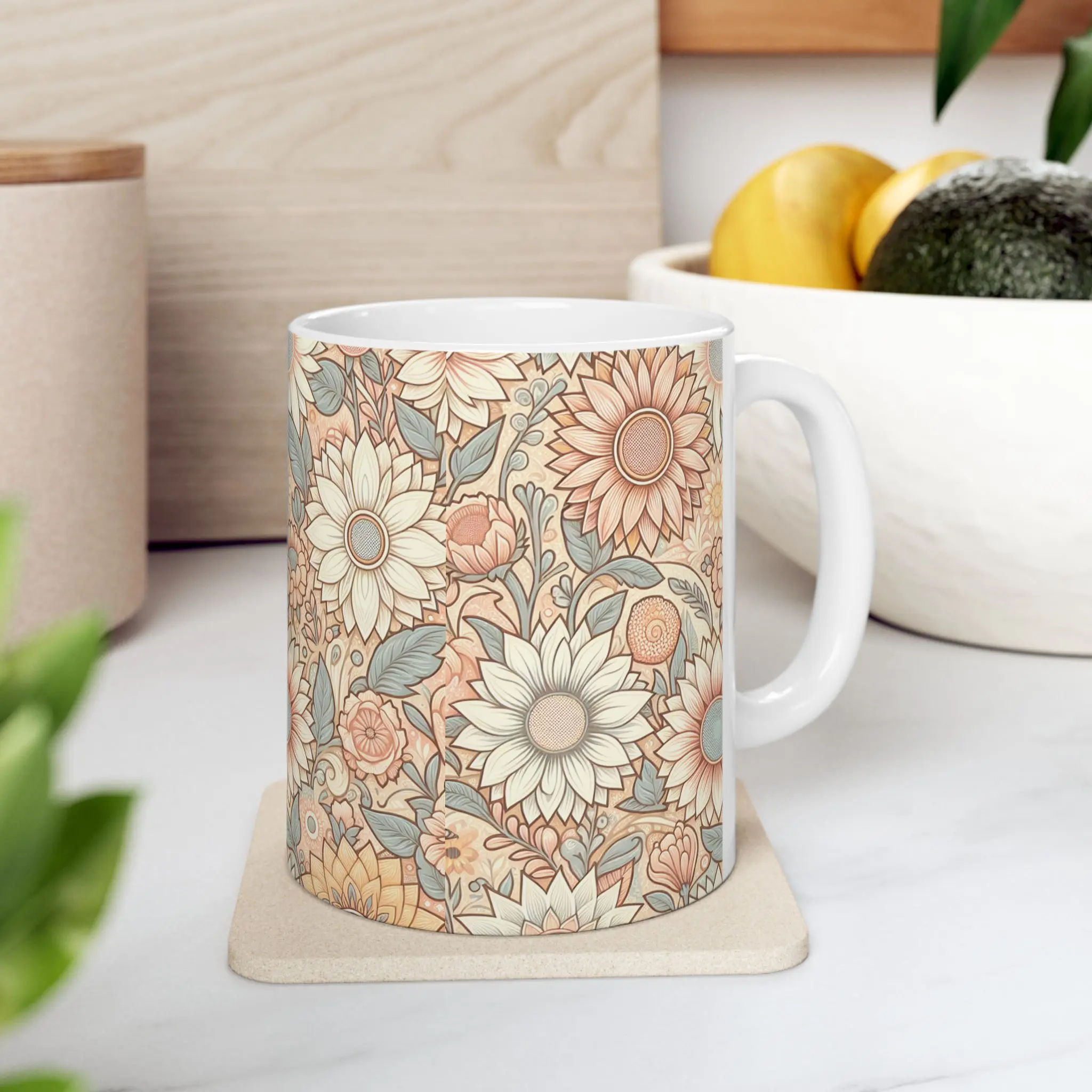 Sunflower Pastel Ceramic Coffee Mug, Wildflower Tea Mug (11oz, 15oz)