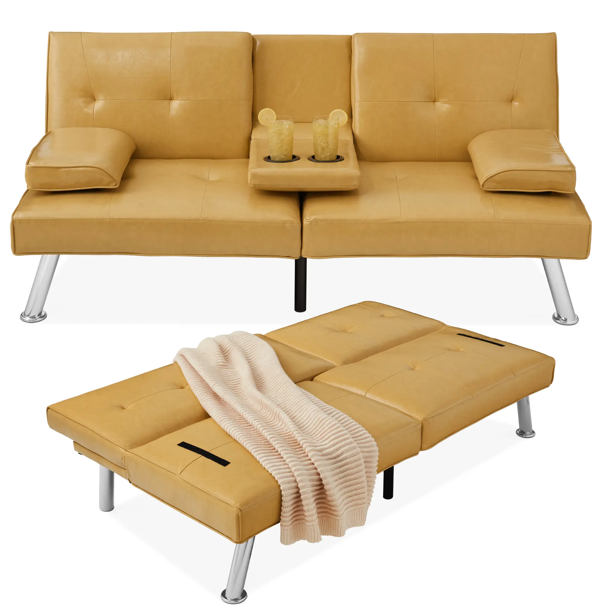 Best Choice Products Modern Faux Leather Convertible Futon Sofa w/ Removable Armrests, 2 Cupholders