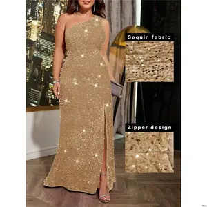 Outfit Maxi Clothes Party Holiday For Slit Shoulder One Sparkly Women Cravure Plus Size s High Dress Sequin