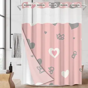1pc hookless shower curtain with buckle lining, pink, white and gray heart bow design, 2D flat printing, fabric waterproof lining, see-through double-layer shower curtain, 71 x 74 inches, modern home draping curtain.