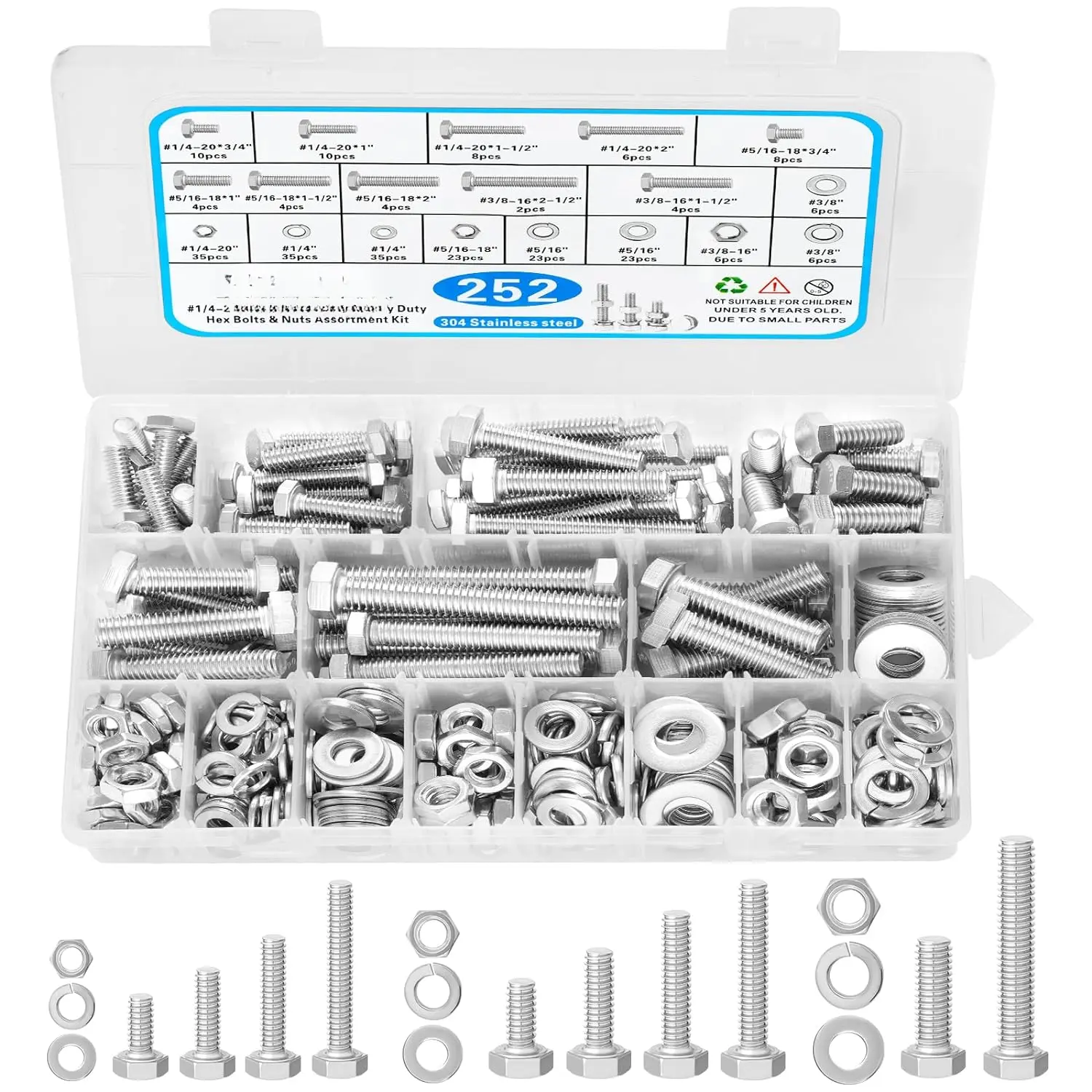 252Pcs Hex Bolts and Nuts Assortment Kit, 1/4-20, 5/16-18, 3/8-16 Assorted Bolts Nuts and Washers Kit, 304 Stainless Steel Machine Screw Sets with Case