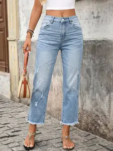 Women's Loose-Fit Straight Ripped Cropped Jeans, Casual Denim Capri Pants, Elastic Fabric, All-Season Wear, Perfect for Outing and Dates