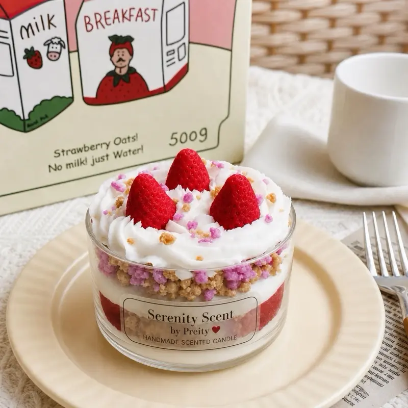 Handmade Strawberry Ice Cream Scented Candle with Perfume Notes, Artisanal Fresh-Scented Home Fragrance Item