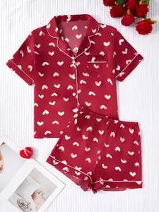 Valentine Heart Short Sleepwear Set, Casual Loose-Fit Short Sleeve Button Neck Top and Pants, Soft Satin Home Wear Two-Piece Set
