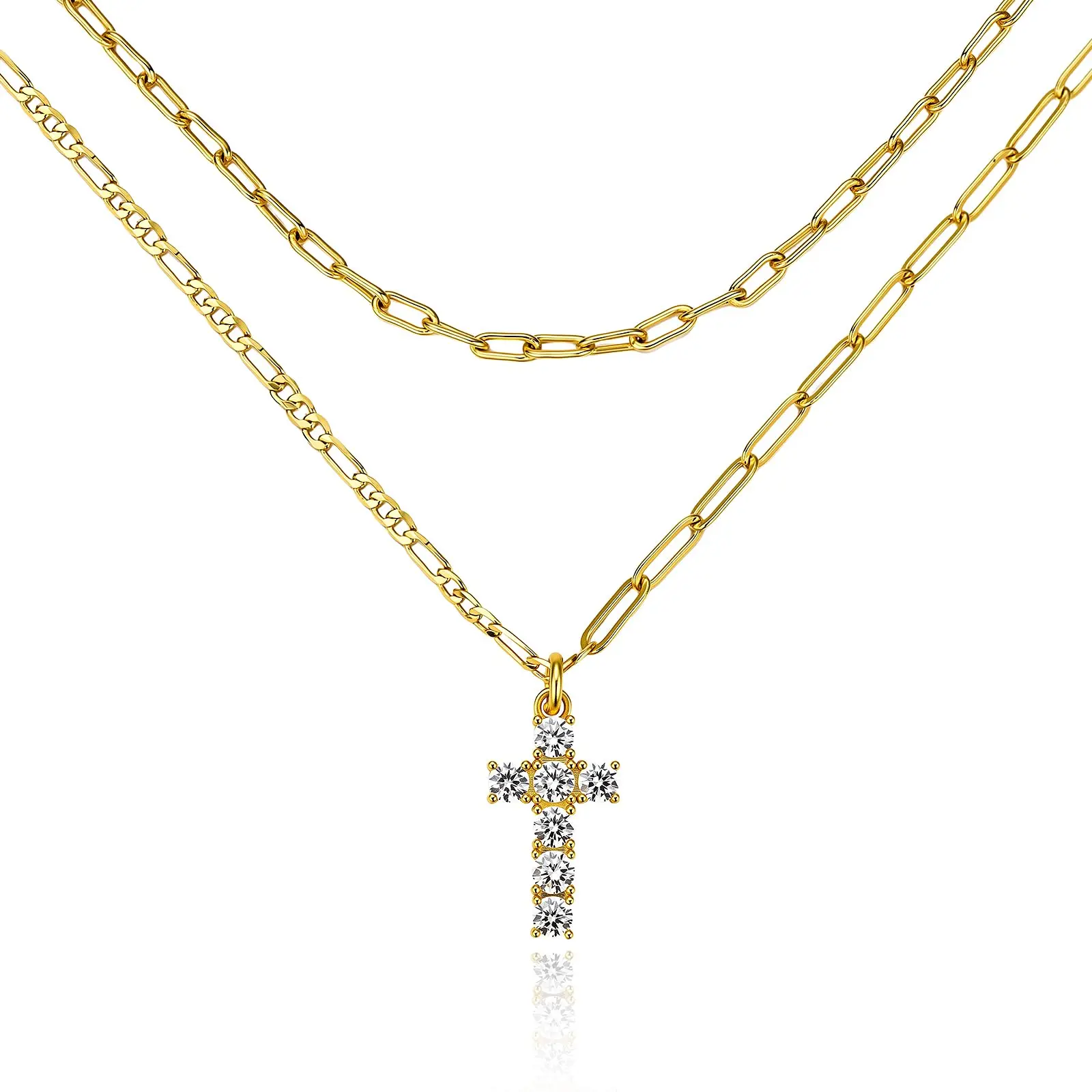 Cicy Bell Women's Cross Necklace 18k Gold Plated Layered Necklaces with Cubic Zirconia Figaro Paperclip Snake Chain Prayer Religious Jewelry Gift