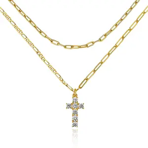 Cicy Bell Women's Cross Necklace 18k Gold Plated Layered Necklaces with Cubic Zirconia Figaro Paperclip Snake Chain Prayer Religious Jewelry Gift