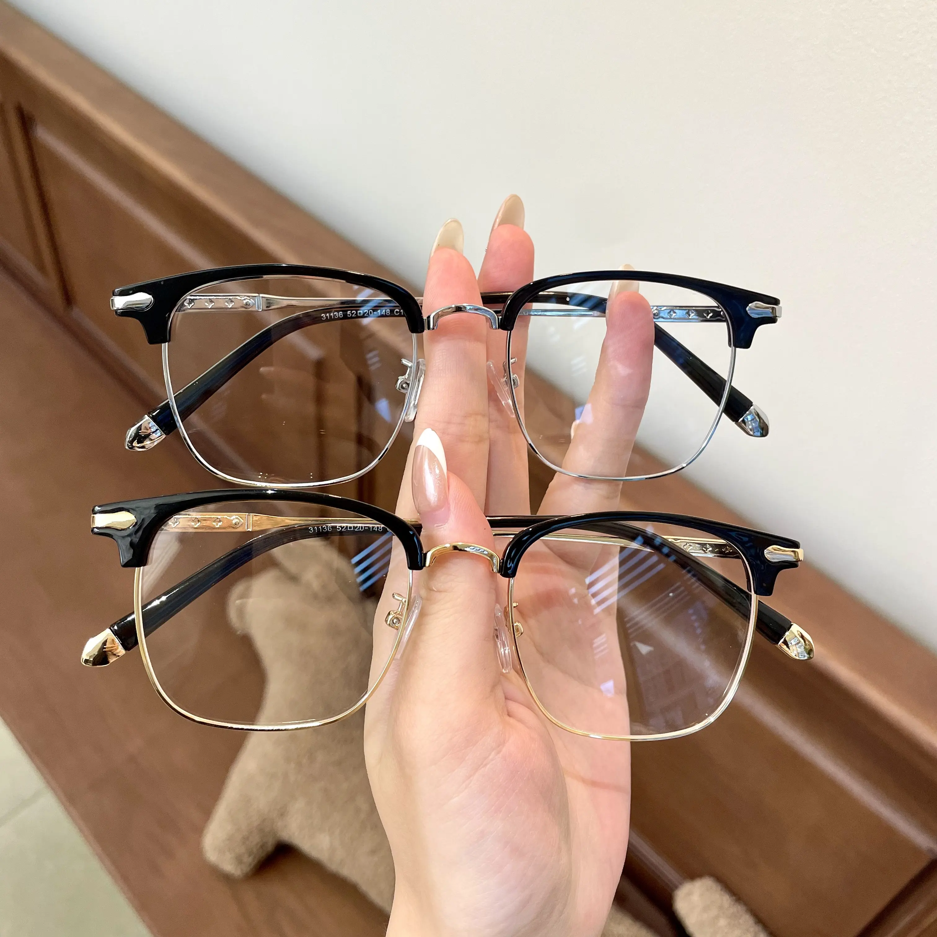 Retro Browline Square Eyeglasses for Men Women Anti Blue Light Half Rim Metal Frame Optical Glasses Fashion Daily Eyewear Vintage Business Browline Optical Frames Clear Lens Spectacles
