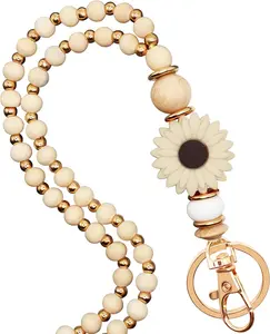Wooden Teacher Lanyards for Id Badge Cute Flower  and  Beaded Lanyards for Women for Nurse Badge