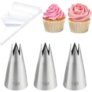3 count Large 1M Piping Tips, Piping Bags and Tips Set with 20 Disposable Piping Bags for Cake Decorating, Stainless Steel Open  Piping Tips with Pastry Bags for Cupcakes Icing Frosting