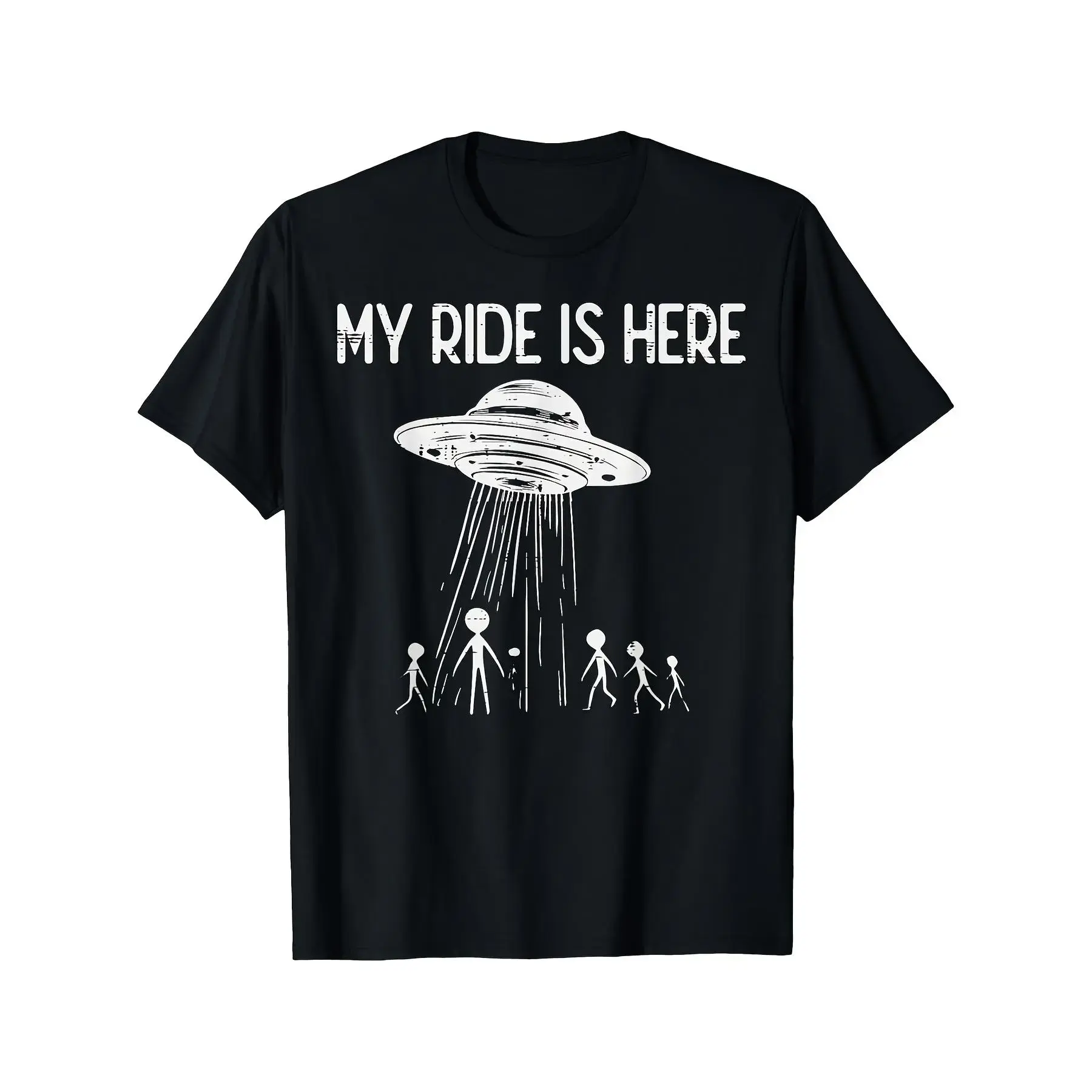 Alien UFO My Ride Is Here Vintage T-Shirt - Funny Flying Saucer & Alien Spaceship Graphic Tee for Men & Women, 60s/70s Retro Sci-Fi Design, Short Sleeve Round Neck Casual Shirt with UFO Abduction Humor.