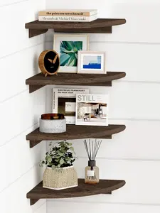 Floating Corner Shelves for Wall Set of 4, Small Corner Bookshelf for Bedroom Books, Round Wooden Corner Shelf Wall Mount for Bathroom , Kitchen, Living Room Decor (Dark Brown)