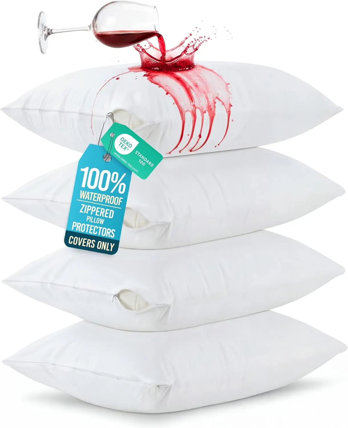 Beddora Waterproof Pillow Protectors Set of 4, Standard Size 20 x 26 Inches, Zippered Pillow Encasements, Ultra Soft Jersey Knit Fabric, Moisture Wicking, Breathable and Durable Pillow Covers, White