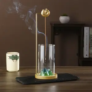 Zen Inspired Bamboo Incense Burner Set, Metal Glass Rockery Design, Vertical Line Incense Holder, Inverted Fragrant Stick Furnace