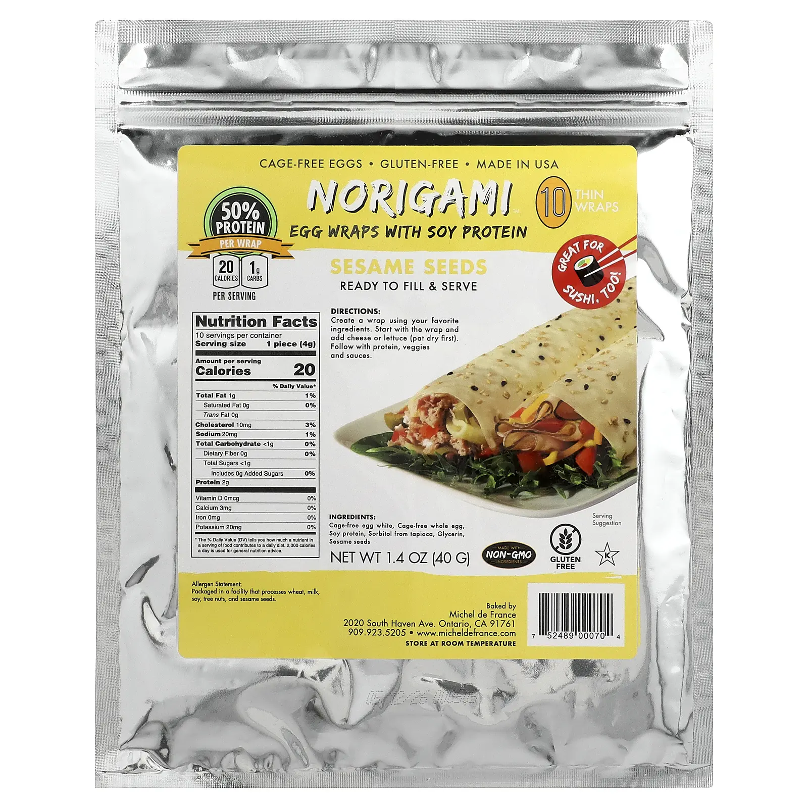 Norigami Egg Wraps with Soy Protein, Sesame Seeds, 10 Thin Wraps, 1.4 oz (40 g)