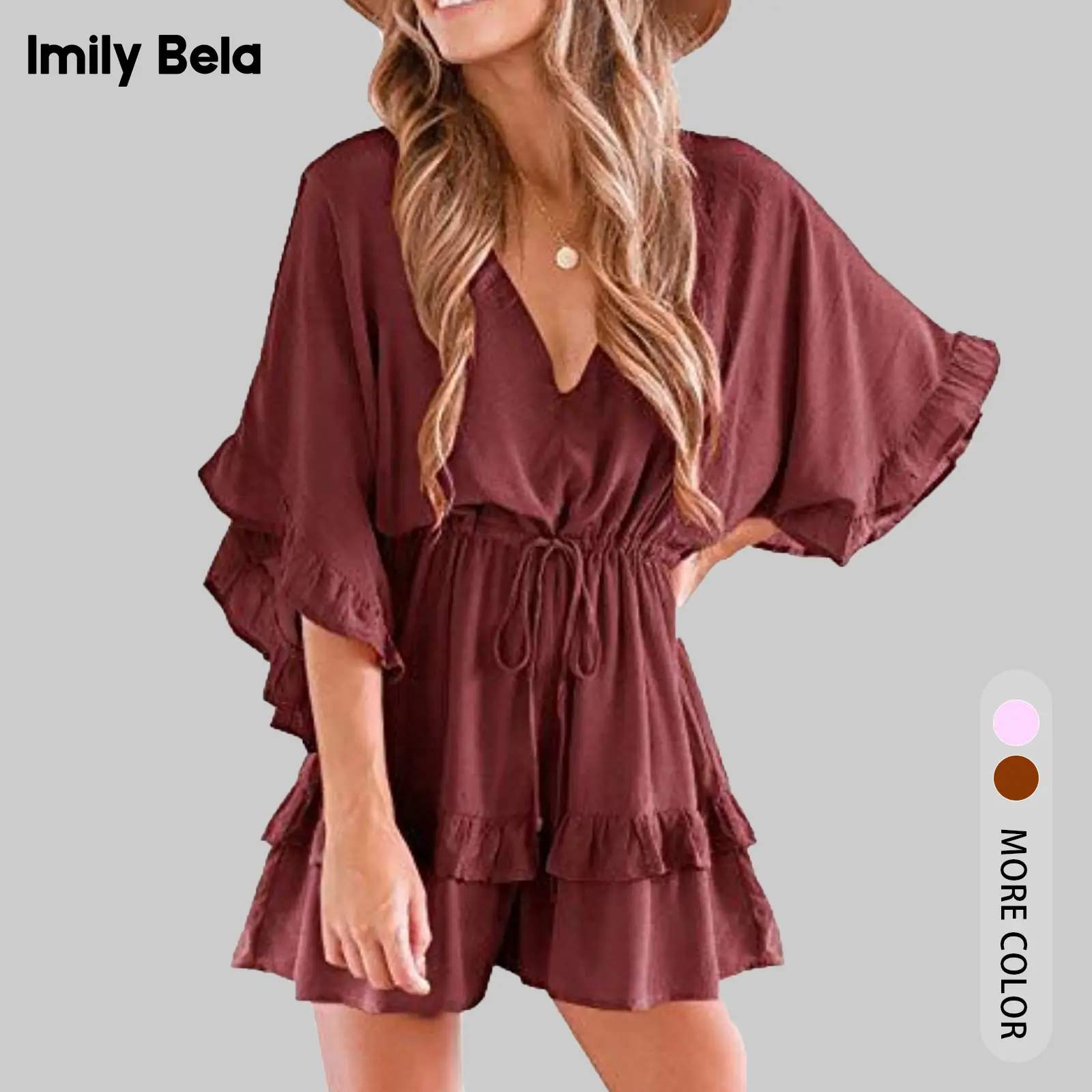 Imily Bela Essentials Womens V Neck Beach Romper Ruffle Layered Drawstring Waisted Shorts Jumpsuit