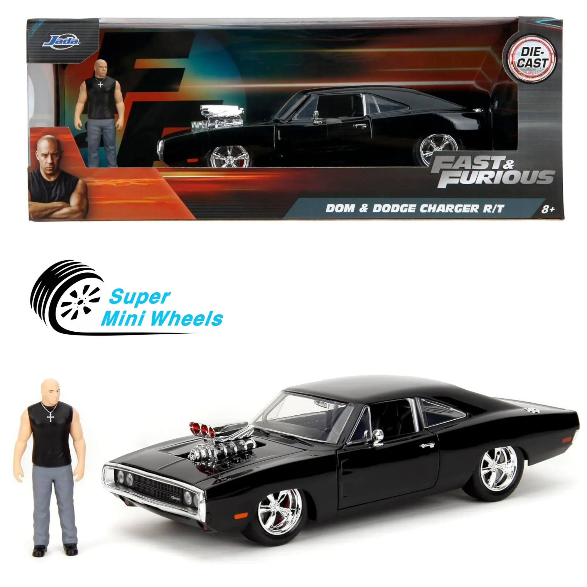 Jada 1:24 Fast & Furious Dom’s 1970 Dodge Charger R/T Black with Figure