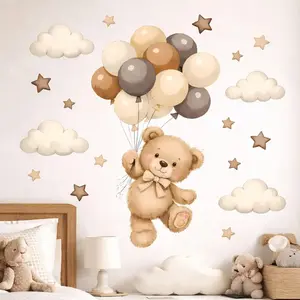 Boho Bear Balloon Cloulds Wall Decals — Nebula Bear Nursery Decor — Self-Adhesive, Western-Style Home Decor For Children'S Rooms And Bedrooms