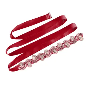INSPIRE CHIC Women's Beaded Rhinestone Satin Ribbon Bridal Belt Red