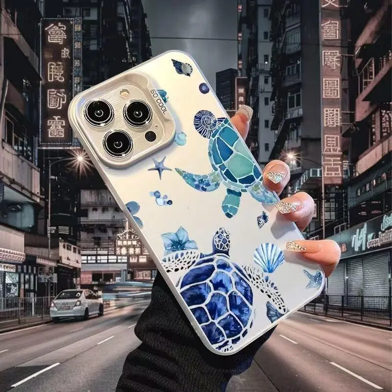 blue turtle for use with iPhone 17 air 16 Pro max 15 plus 14 Pro 13/12/11/X/XR/XSMAX hard holographic phone case compatible with Samsung Galaxy S25 ultra S24 plus S23 FE S22/S21 artistic sense niche trend fashion cool interesting particular Coastal