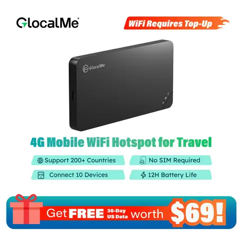 GlocalMe U3 4G LTE Wireless WiFi Modem Portable Travel Pocket Hotspot - No SIM Card Needed, 2.4 GHz, Lithium Ion Battery, Connect 10 Devices, Global 1GB 90-Day Data, 200+ Country Compatibility, Charging Cable Included, Back to School Essential