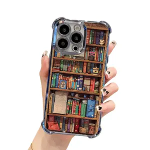 Cartoon Bookshelf Pattern TPU Phone Case for iPhone17 16 15 14 Pro Max 13 12 11 Plus Four-corner pad anti-drop protective case