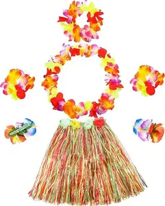 7 Pcs Hawaiian Luau Hula Grass Skirt with Flower Costume Set Flower Bracelet Headband Necklace Hibiscus Hair Clip Women - Home Improvement.