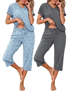 Marvmys Womens 2 Pack Pajama Sets Short Sleeve Pajamas Tops and Capri Pants Pjs Print Lounge Sets with Pockets S-3XL Loungewear Nightwear