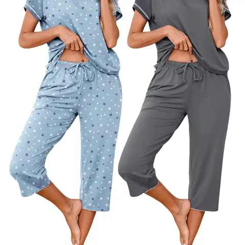 MARVMYS Women's 2-Pack Casual Pajama & Loungewear Sets - Short Sleeve V-Neck Tops, Elastic-Waist Capri Pants with Pockets, Elegant Floral Casual Clothes for Women