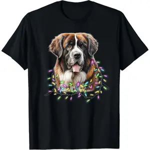 Cute Christmas Lights Saint Bernard Dog T-Shirt, 100% Cotton, Single Side Printed, Black Short Sleeve T-shirt, 1 pc, Christmas Halloween Thanksgiving Gift