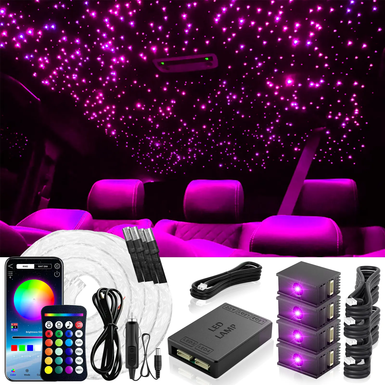 VASTFIRE Fiber Optic Light Ceiling Kit - 300/600 Fiber Holes, 16W RGBW LEDs, 24-Button RF Remote, 1 Main Controller, Music Sync Colorful Lights for Auto Accessories Interior, Car Stuff Interior, Home Theater