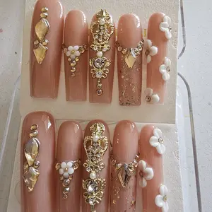 Long  Handmade  Reusable Press-On Nail Enhancements - Elegant Design with Gold Accents and Unique Shapes
