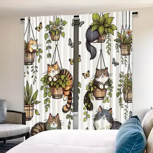 Cute Cat Plant Print Curtains Set, Fresh Healing Style, Perfect for Kids Room Decor, Cozy Atmosphere Decoration, 2 Pieces