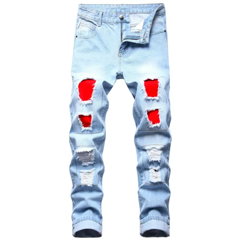 Men's torn red taped jeans are light blue